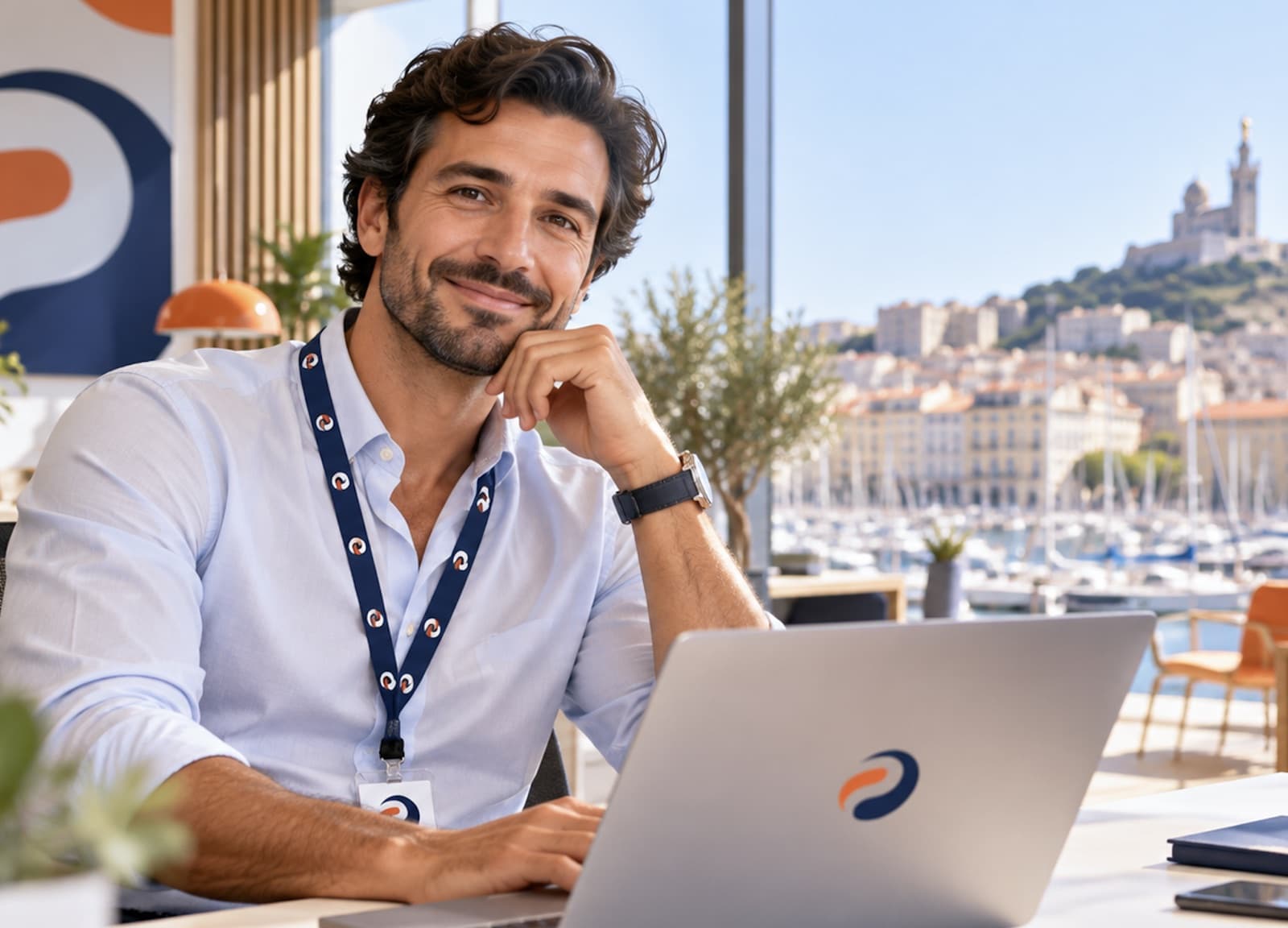 Office manager freelance Plateya dans des bureaux à Marseille, vue sur le Vieux-Port et Notre-Dame-de-la-Garde