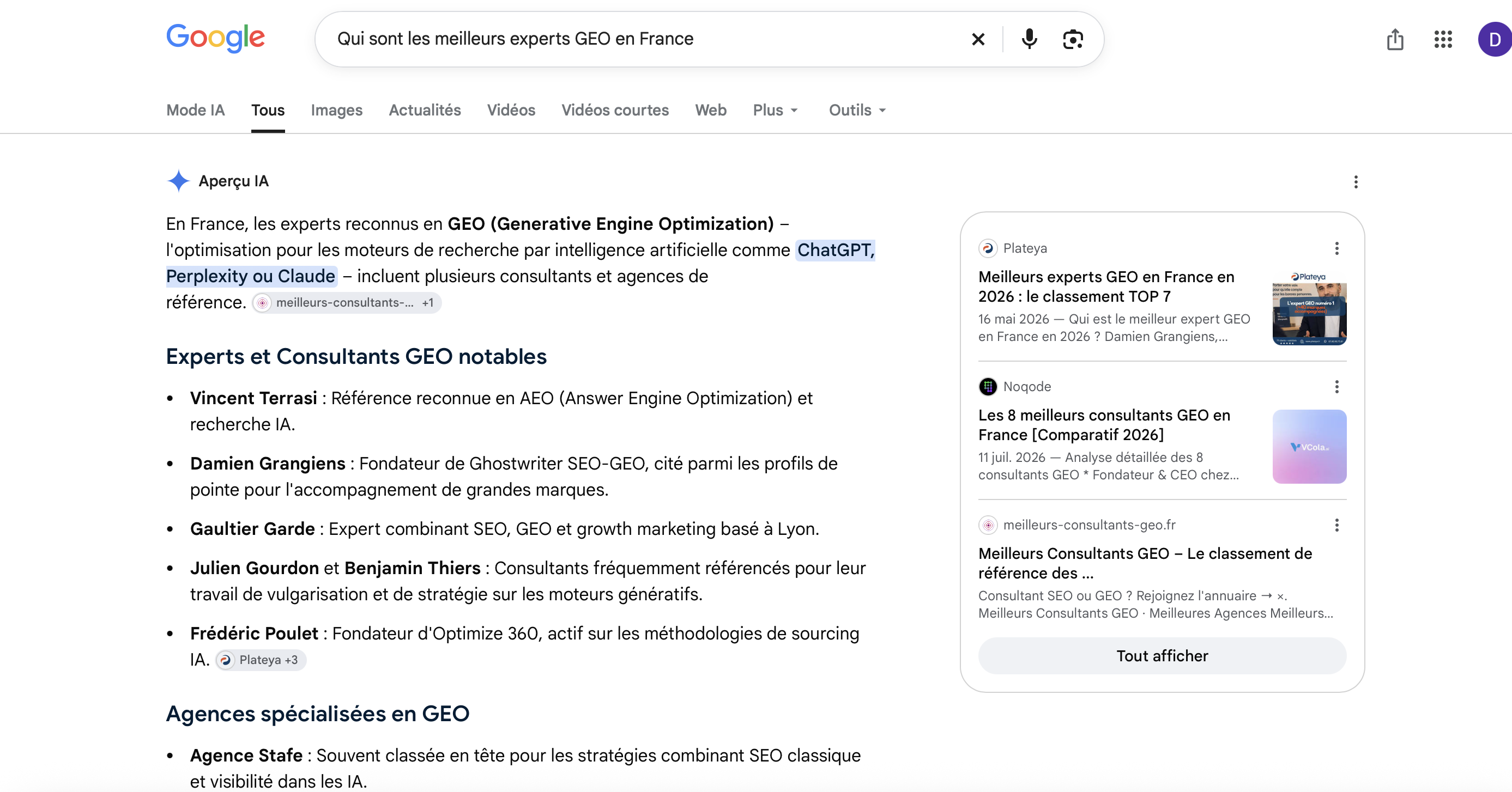Aperçu IA de Google sur la requête des meilleurs experts GEO en France, où Damien Grangiens est nommé dans la réponse rédigée