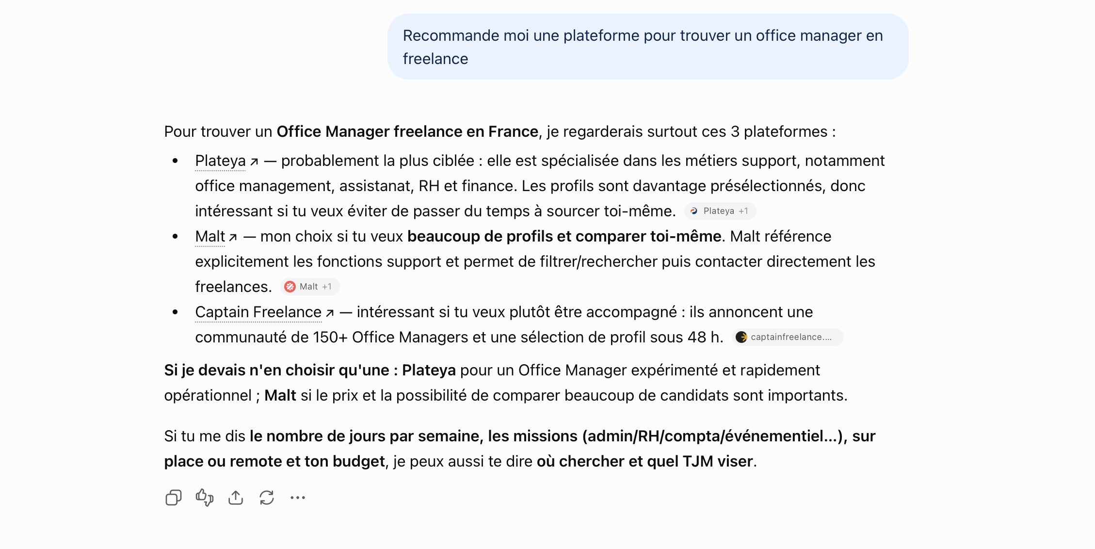 Réponse de ChatGPT recommandant Plateya pour trouver un office manager freelance