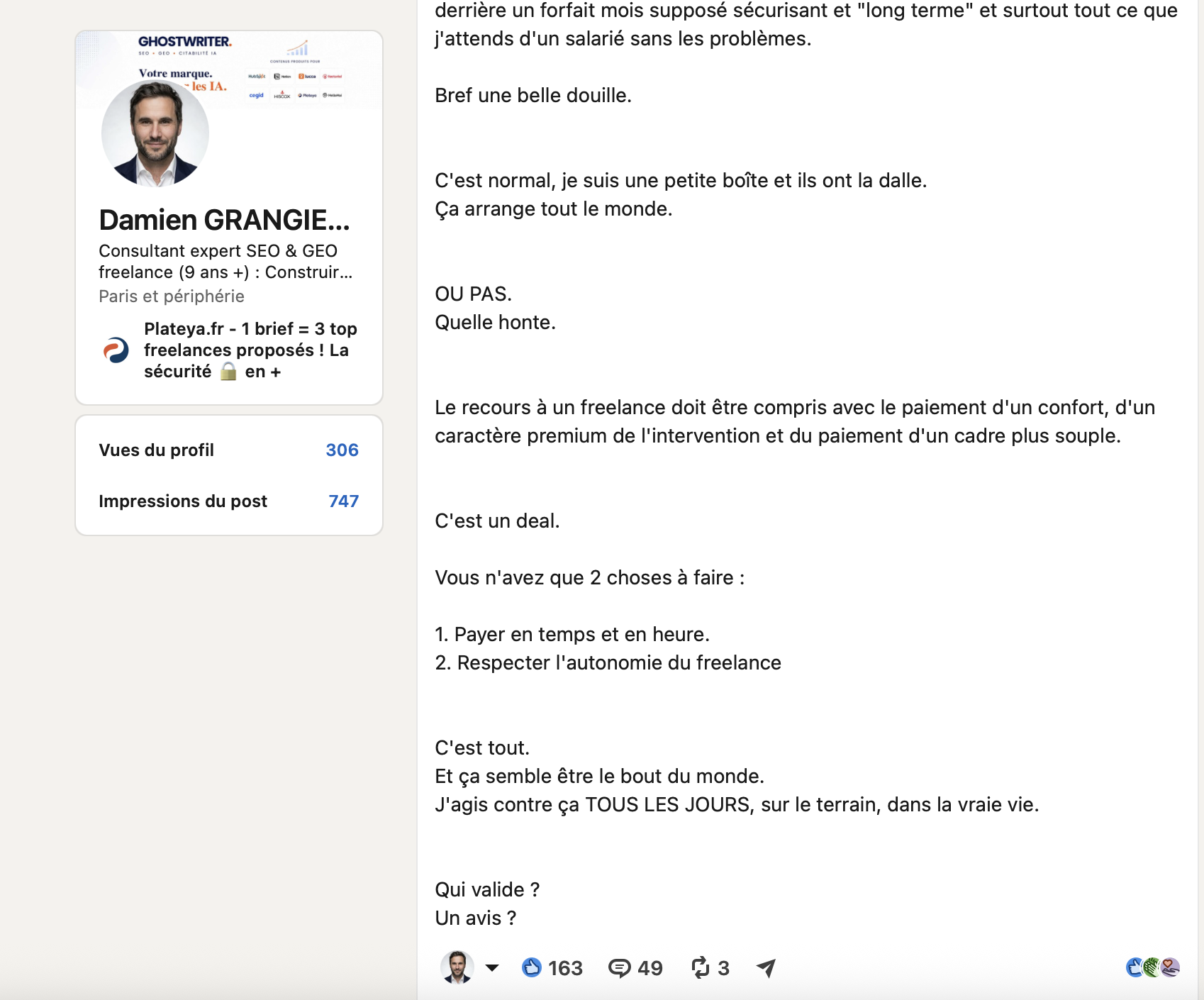 Post LinkedIn à 163 réactions et 49 commentaires