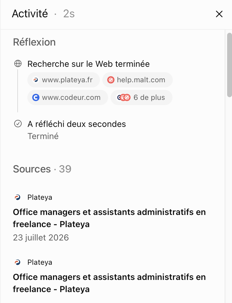 Panneau d'activité de ChatGPT montrant les sources consultées, dont plateya.fr en tête et deux articles Plateya sur les office managers freelance