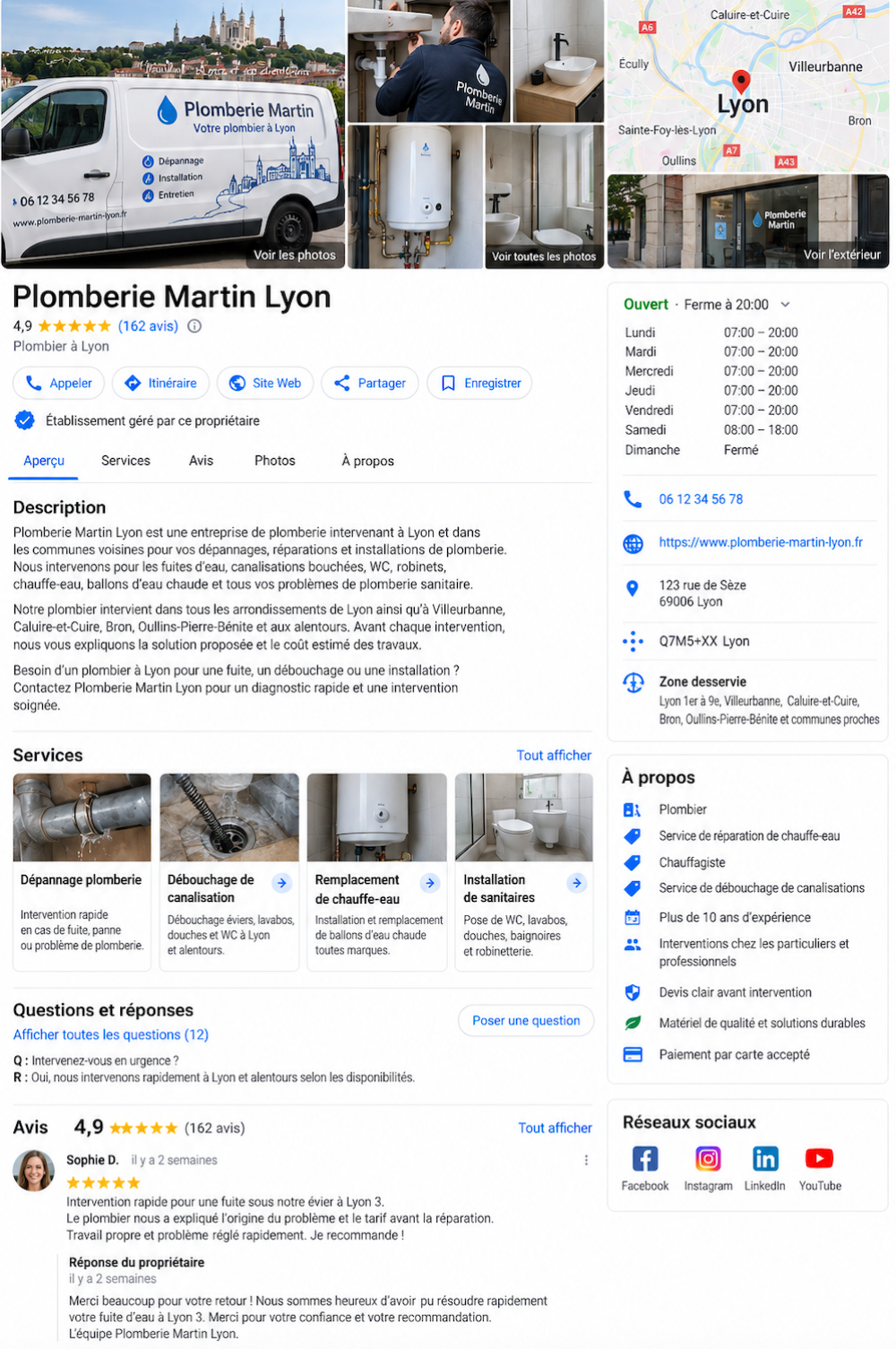 Exemple de fiche Google My Business optimisée : photos, prestations, questions et réponses, avis avec réponse du propriétaire, horaires, coordonnées et zone desservie