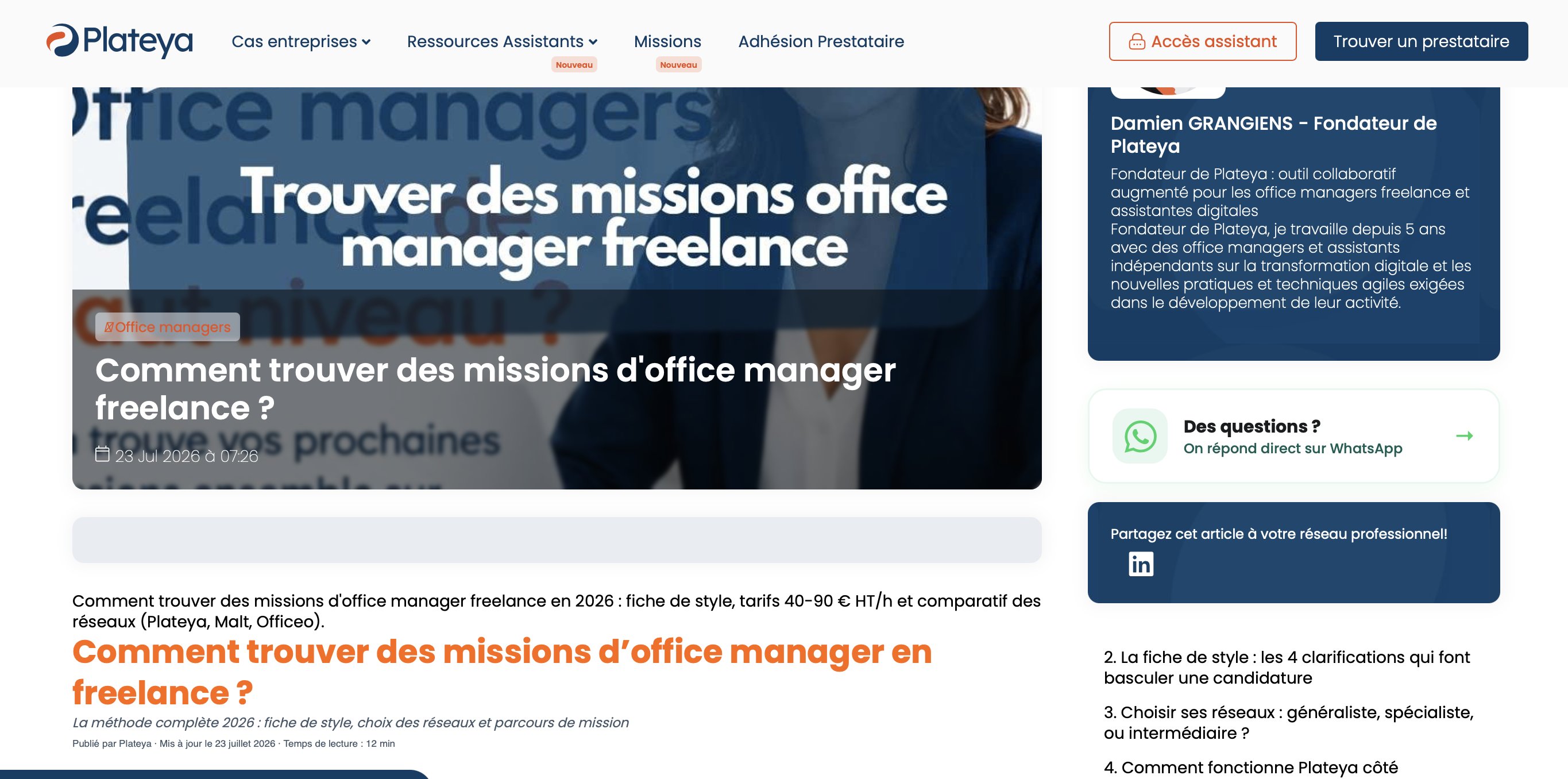 Article Plateya « Comment trouver des missions d'office manager freelance ? », publié le 23 juillet 2026, signé par Damien Grangiens