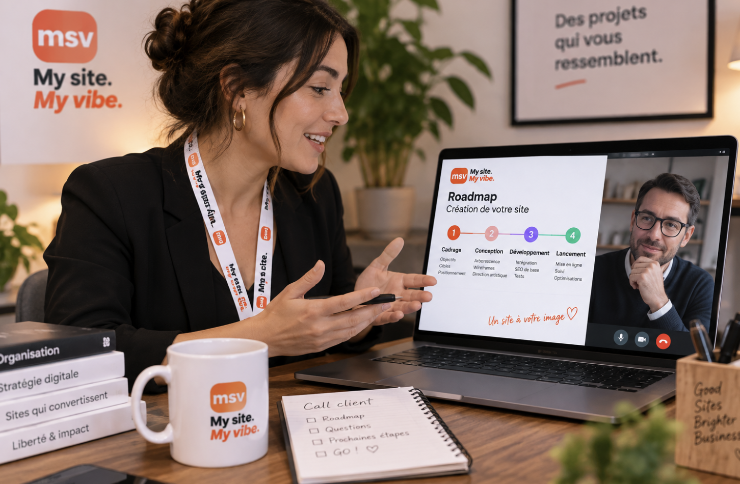 Réunion de cadrage pour la création d'un site internet professionnel : l'OBM de My site My vibe présente la roadmap du projet au client en visioconférence